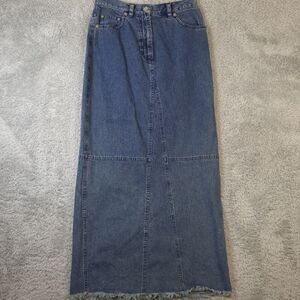 Lauren Jeans Co Ralph Denim Maxi Midi Skirt Back Slit Raw Hem Y2K Boho Grunge 4